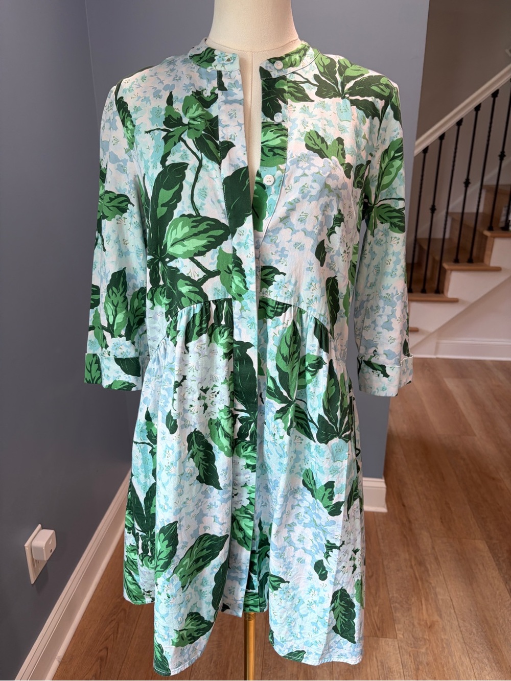 Tuckernuck Royal Shirt Dress Green Blue Hydrangea Floral Cotton XS